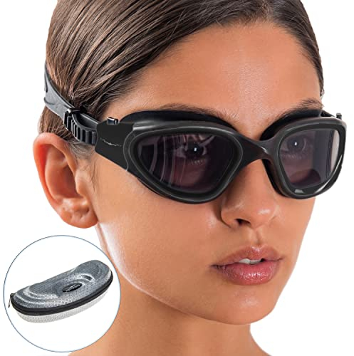 AqtivAqua Swimming Goggles Adult and Kids Goggles Kids 6-14 Men Women Swim Children Boys Girls DX-P (Polarised-Lenses All Black-Frame)