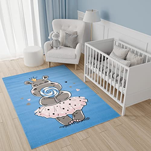 TAPISO Jolly Teppich Kurzflor Kinderzimmer Schlafzimmer Spielmatte Blau Grau Rosa Nilpferd Hippo Design 160 x 220 cm