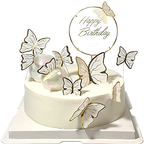 Tortenaufsätze Schmetterling und „Happy Birthday“ aus goldfarbenem Metall, Dekorationen für Geburtstagkuchen, Party-Dekorationen, Weiß/Gold, 11 Stück