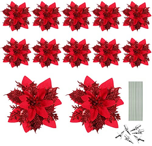 Toyvian Christmas Glitter Artificial Poinsettia Flowers, 12pcs Christmas Tree Flowers Ornaments, Xmas Party Decoration with 12pcs Stems and Clips (Red)