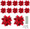 Toyvian Christmas Glitter Artificial Poinsettia Flowers, 12pcs Christmas Tree Flowers Ornaments, Xmas Party Decoration with 12pcs Stems and Clips (Red)