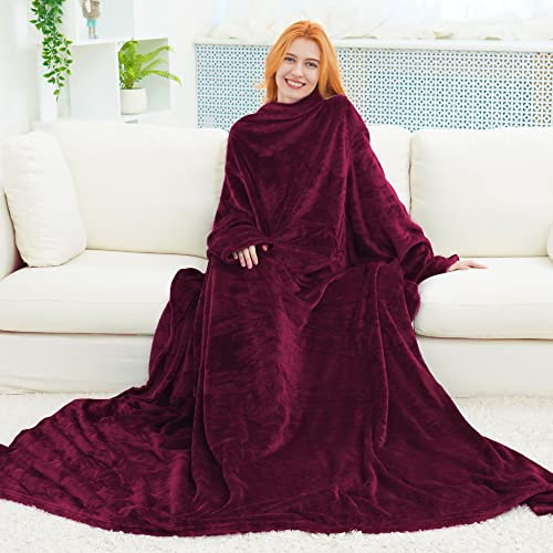 Plaid con Maniche e Tasca, Pile di Microfibra Colore Bordeaux 170x200 cm, Coperta Indossabile Flanella Divano con Le Maniche, Leggera e Calda