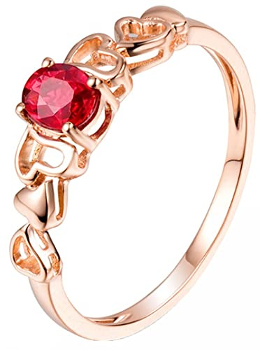 AMDXD Hochzeitsring Rose Gold 18K, Hohl Herz Goldring Damen mit Rot Rubin 0.38ct, als Geschenke für Freundin, Rose Gold, Gr.61 (19.4)