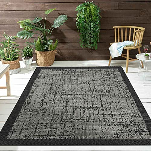 VIMODA Teppich In- und Outdoor Flachgewebe Terrasse Balkon Wintergarten Robust Abstrakt Grau Anthrazit Braun, Farbe:Anthrazit, Maße:140x200 cm