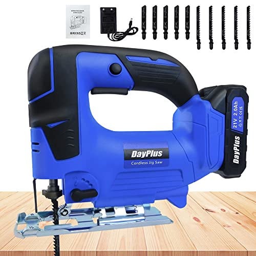 Cordless Jigsaw Tool with Battery and Charger, Handheld 21V Electric Jigsaw with 4 Stage Orbital Sets, 10 pcs Blade Set, Bevel Cutting 45°, Mini Battery Jigsaw for Wood Metal Cutting