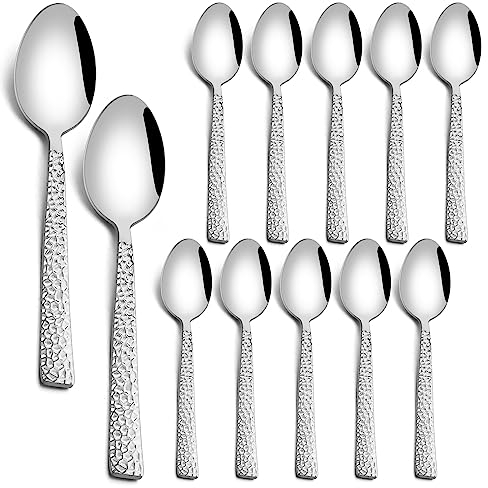 HaWare Small Stainless Steel Teaspoons Set of 12, Square Hammered Coffee Dessert Spoons for Home, Restaurant, Kitchen, Silver& Mirror Polished, Dishwasher Safe (13.5cm)
