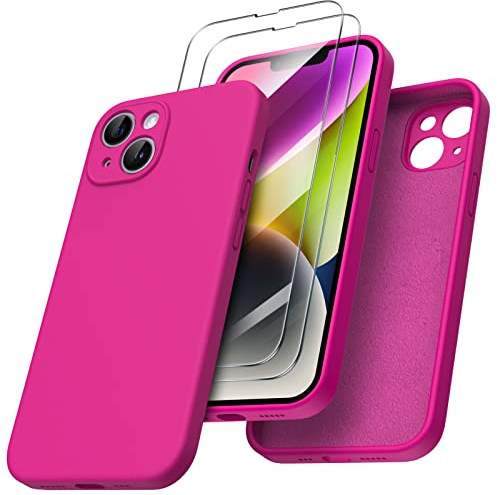 ORNARTO Coque pour iPhone 14, Coque en Silicone (pour iPhone 14)(6,1) avec 2 Verres Trempés, iPhone 14 Case Protection Complète 360 Degré, Housse iPhone 14 Antichoc - Rose Fluo
