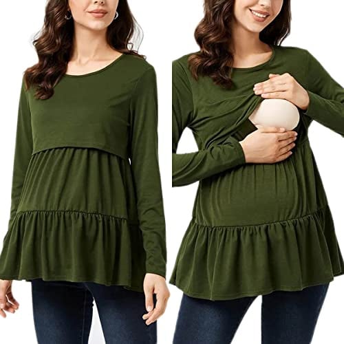 Buliezy Tops d'allaitement Chemise à Manches Longues pour Femmes,Col Rond Vert Robe de Maternité Printemps-Automne pour Maman Allaitante Convient Aux Femmes Enceintes,XXL