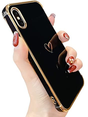 Knoowcase for iPhone XS Case iPhone X Phone Case for Girls Women Shockproof Flexible Silicone Bumper Lens Protection Luxury Plated Gold Heart Slim Anti Scratch Phone Cover for iPhone XS/X, Black