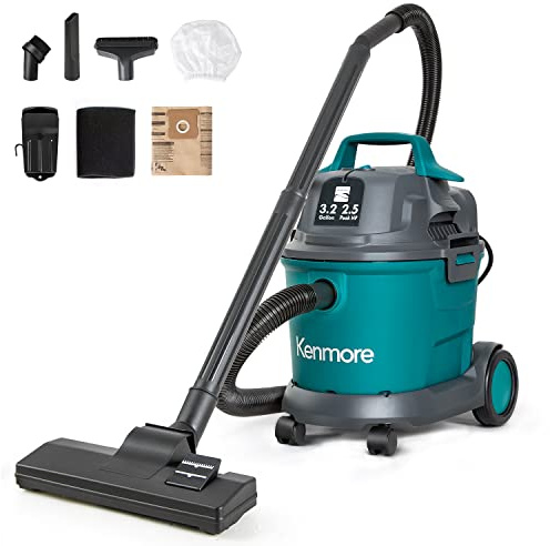 Kenmore Vacuum Cleaner KW3030, Wet Dry Canister Aspirateur Peak HP Shop avec tiges d'extension pour Rangement d'outils et Support Mural pour Garage, Voiture, Maison et Atelier 3,2 gallons 2,5 l, Vert