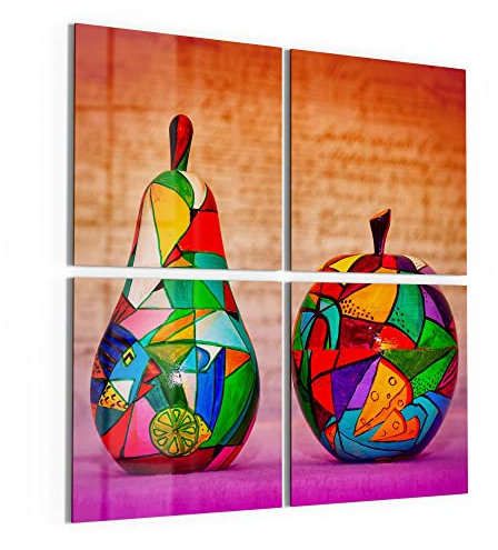 DEQORI Glasbilder Acrylglas | Motiv Bunte Holzfrüchte | quadratisch 4-teilig 100x100 cm | große XXL Deko | Wandbilder für Wohnzimmer, Schlafzimmer, Flur & Küche | moderne Wanddeko