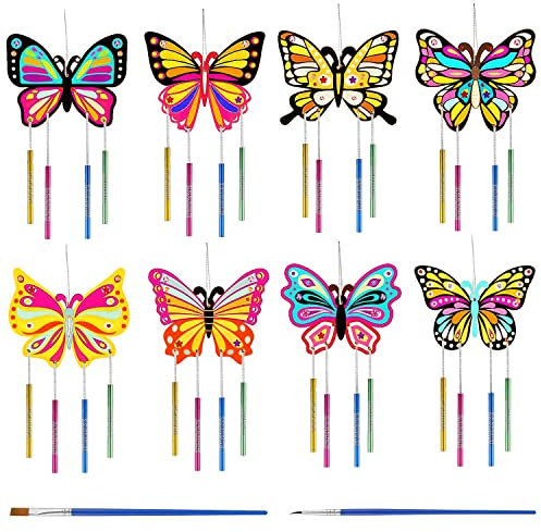 Fyihoxi 8 Stück Windspiel Bastelset Schmetterling Set, Bastelset Kindergeburtstag Mädchen, Ostern Basteln Kinder Schmetterlinge Bastelset, Basteln Frühling für Kindergeburtstag Basteln