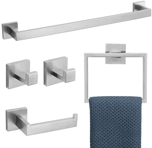 TURS 5-Piece Bathroom Hardware Set Brushed Nickel Include 24 Inch Towel Bar, Ring, Toilet Paper Holder, 2 Hooks - SUS 304 Stainless Steel Bath Accessory Wall Mounted