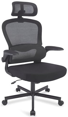 Ergonomic Office Chair For Home, Office Desk Chair, Computer Chair Breathable Mesh Swivel Chair With Adjustable Headrest and Lumbar Support Flip-up Armrest High Back Executive Manager Chair, Black