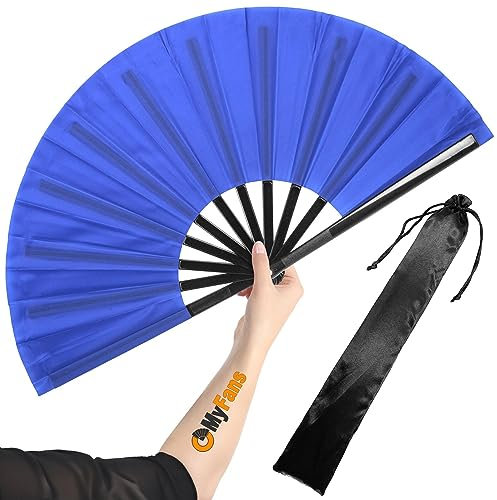 OMyFans Kitana - Abanico de mano plegable grande para rave, ventilador chino plegable de Tai Chi Kung Fu, ideal para festivales, EDM, baile, sofocos, iglesia y regalos (azul)