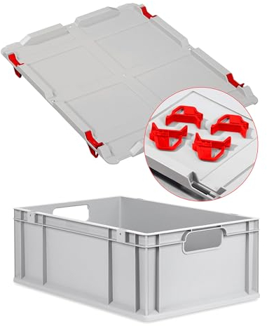 Eurobox NextGen Economy 60x40x22cm Griffe offen mit Auflagedeckel grau, Kunststoffbox 44 Liter stapelbar, Transportbox Campingbox lebensmittelecht, Farbe Deckel-Verschlüsse wählbar (Verschluss Rot)