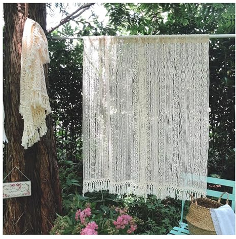 Vintage Shabby-Chic Spitze Häkelgardine Scheibengardine mit Quasten, Boho Bistrogardine für Küche Fensterlein Bücherregal Schrank