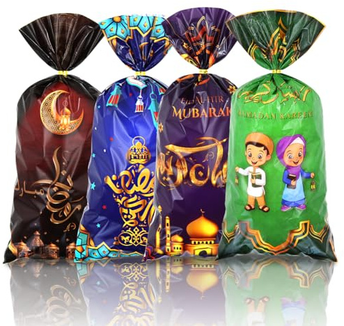 Geluode 100 Stück Eid Mubarak Geschenketüte,Muslimischer Schloss-Mond-Stern Ramadan-Leckerli-Beutel Zellophantüten, Geschenktüten mit Drehbändern für Eid Mubarak, Ramadan-Partydekorationen