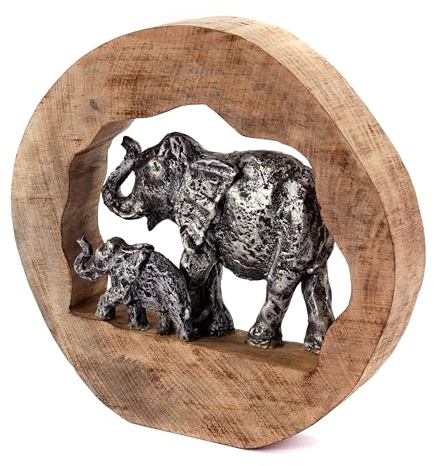 CREEDWOOD SKULPTUR Log Elephants | Mangoholz, 37cm, Silber | Elefanten Aufsteller, Dekofigur, Elefanen Familie Dekoobjekt, Holz Statue, Elefant auf Sockel