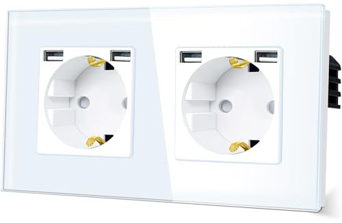 TAWOIA Schuko Steckdose mit USB (MAX 2,4A),EU-Standard 2 Fach Steckdosen mit Kristall Glas Platte Doppel Wandsteckdosen Weiß 86 * 157mm