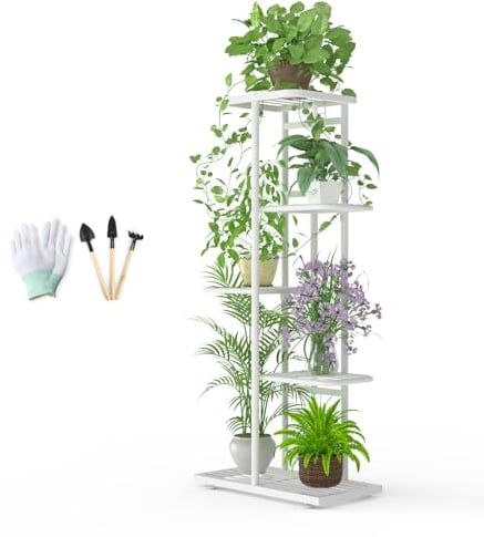 MAIJIAJU Soporte para flores de 5 niveles, color blanco, con herramientas de jardín y guantes, 95 cm de alto, soporte para plantas, metal, interior y exterior, varios pisos, estantería para plantas,