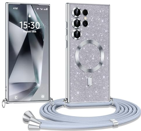 Phoona Coque pour Samsung Galaxy S24 Ultra 5G avec Cordon, Etui à Paillettes Compatible avec MagSafe, Antichoc Protection Coque pour Magnétique avec Réglable Collier, Argenté