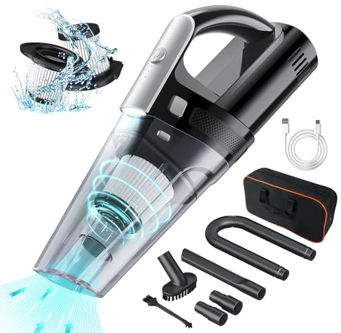Coovee Handstaubsauger, 10000Pa Akku Kabellos Handsauger mit Leistungsstarker Saugkraft und LED Beleuchtung, Nass/Trocken, Auto-Staubsauger Beutellos für den Haus, Auto, mit Tragbare Tasche