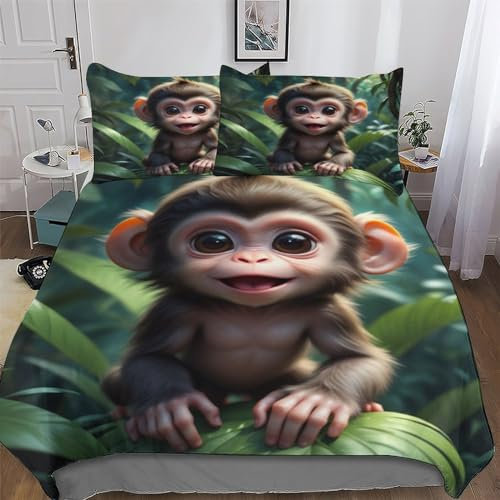 PAZZK süßer AFFE Bettwäsche Premium Atmungsaktive Angenehme Bettbezüge, Mit Reißverschluss Bettdeckenbezug, 2teilig Bettbezug + Kissenbezug Single (135x200cm)