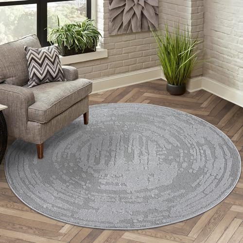 carpet city Teppich Kurzflor Wohnzimmer - Grau - 200 cm Rund - Meliert, Geo-Muster - 3D-Effekt - Moderne Teppiche Flachflor Schlafzimmer, Esszimmer