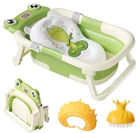 MINGPINHUIUS Vasca da bagno con cuscino per vasca da bagno, pieghevole, con termometro integrato, cuffia per doccia, vasca da bagno per neonati e bambini da 0 a 36 mesi (verde)