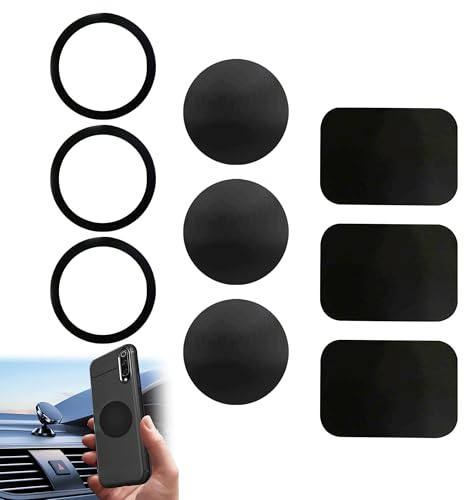 Caldamn 9 Stück Metallplatte Handy Schwarz Magnet Handyhalterung fürs Auto 3 Runden 3 Rechtecke Metallplättchen Fuer Kfz Magnetische Handyhalter und 3 Ringe für MagSafe Metall Platte mit Klebefolie