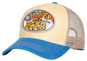 King Kerosin Herren Trucker Cap Stroh Kappe Beer Sommer Vintage 70S Mesh Hawaii Patch Titties & Beer