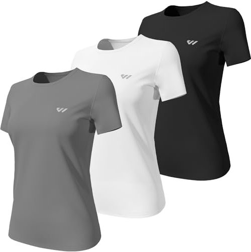 Wulibike Women's Running Tops Breathable Soft - Quick-Dry UV Protection Gym T-Shirts - Reflective Sports Tops for Women UK - 3 or 5 Pack Black White Grey M