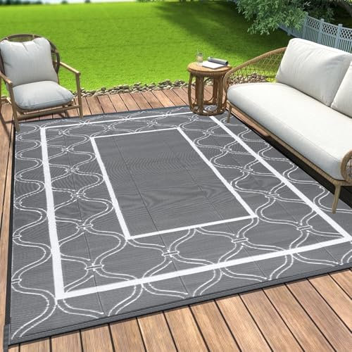 OIGAE Large Outdoor Teppich Wetterfest 180x270cm Balkon Grau Camping Teppich Plastik Recyceltem Außenteppich BBQ Picknick Wendbarer Wetterfest & UV-beständig,für Terrasse