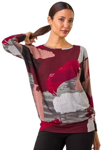 Roman Originals Blouson Top for Women UK Ladies Drop Shoulder Long Sleeve Jersey Stretchy Oversized Casual Office Jumper Soft Everyday Sweater Lounge Sweatshirt Blouses - Maroon - Size 12