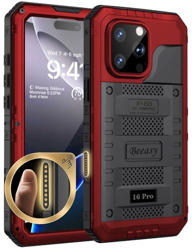 Beeasy for iPhone 16 Pro Case Waterproof Heavy Duty Metal Armour Cover Shockproof Dustproof Built-in Screen Protector, Robust Full Body Protective Military Rugged Case for iPhone 16 Pro, Red