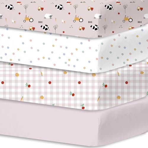 Little Grape Land 4er-Pack Spannbettlaken Spannbetttücher 60x120 cm für Baby- und Kinderbetten – Atmungsaktive Mikrofaser-Babybettlaken, Oeko-TEX zertifizierte Kinderbett-Matratzenlaken,Rosa Weide