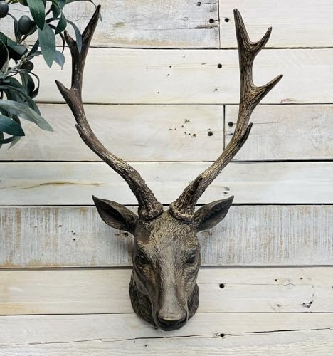 My Square Mile Wall Mounted Deer Stag Head, Brown Resin, 47H x 29W x 20D cm, Reindeer Antler Design