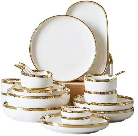 ZPFDSG Piatti Moderni Set da tavola in Porcellana Bianca Brillante Oro, Set di Piatti in Ceramica, Set di stoviglie in Porcellana for la casa e l'hotel(Bright 1 People Set)