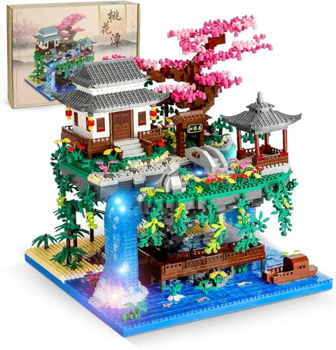 TOY PLAYER Peach Blossom Pond Building Blocks Set with Light, Classic Cherry Bonsai Tree Architecture, Creative Micro Bricks Sakura House Model Kit, Idea Gift for Adults and Teens (3320 PCS)