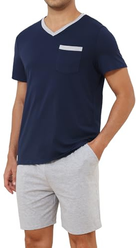 TeJoyce Herren Kurz Schlafanzug Sommer Baumwolle, Zweiteiliger Pyjama Männer, Set Kurzarm T-Shirt und Shorts mit Taschen, Weiche und Bequeme Loungewear zum Nächte S-XXL