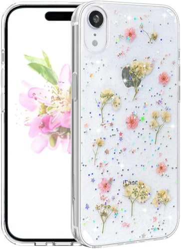 Riccase for iPhone XR Clear Case with Real Dried Flower, Shockproof Transparent Soft TPU Protective Bumper Slim Glitter Cute Floral for iPhone XR Phone Cases,Pink Flower