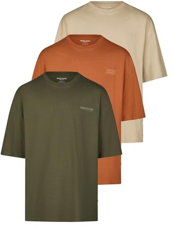 JACK & JONES Tshirt Herren Oversize Fit JJECHARGE 3er Set Pack Rundhals Kurzarm Sommer Tee Shirt Print, Größe:M, Farbe:Pack 4 (Crock/Mocha Bisque/Forrst Night)