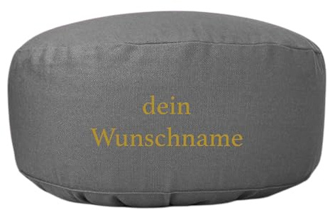 Personalisierbares Meditationskissen - handgemacht & Bestickt mit Wunsch-Mantra - Yogakissen für Achtsamkeit & Entspannung - (grau/personalisierbar)