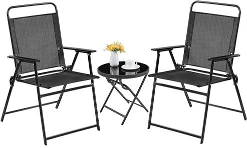 Yaheetech Bistroset, Tisch und Stühle, Runder Esstisch, Klapptisch und Klappstühle Set, platzsparende Outdoor wetterfest Balkonmöbel Terrasse Schwarz