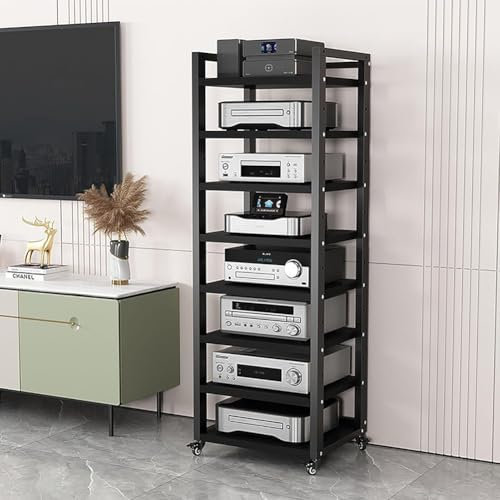 MegLob 8-Tier AV Media Stand with Wheels, Heavy Duty Corner Game Console Shelf, Space-Saving Stereo Component Organizer, Audio Component Rack for DVD Player, Record Player Stand,Black