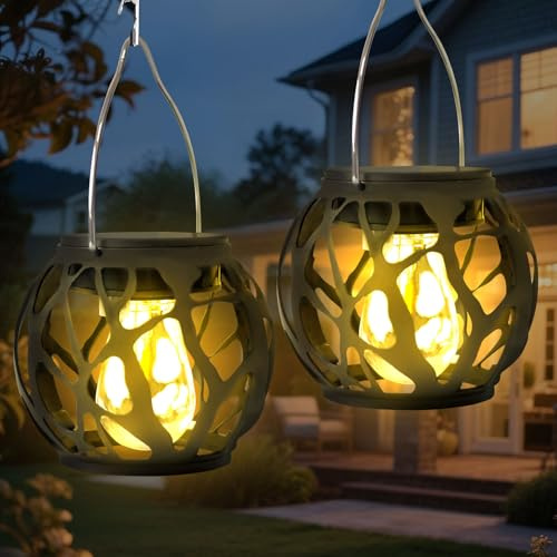 Flammeneffekt Solarlampe für Außen Hängend, Solar Flammenlicht Laterne für Draußen, Solar Laternen für Draußen Hängend Wetterfest, IP65 Wasserdicht Solarlaterne für Außen Garten Balkon Deko (Warmweiß)