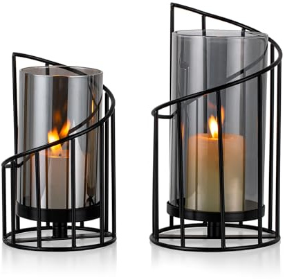 Staymoment 2er Set Windlicht Outdoor, Kerzenständer Metall Schwarz | Kerzenhalter für Stumpenkerze, Tischdeko, Modern Deko für Wohnzimmer, Badezimmer, Garten, Windlichter Draußen und Drinnen