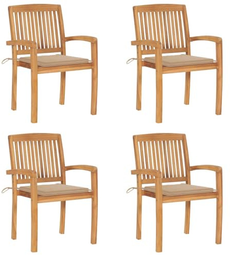 HaoChrymec Stapelbare Gartenstühle mit Kissen 4 STK. aus Massivholz Teak, Witterungsbeständig, Stapelstuhl Garten, Relaxsessel Garten, Balkon Stuhl, Gartenmöbel Set, Beige, 60 x 57.5 x 90 cm