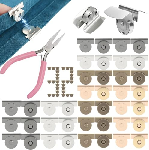 33 Stück Magnetknöpfe Ohne Nähen Magnetverschluss Tasche DIY Zubehör | 32 Paar in 4 Farben, Mit Mini-Zange, Montage Ohne Nähen, Robuste Legierung, Geeignet Taschen, Kleidung Bastelprojekte